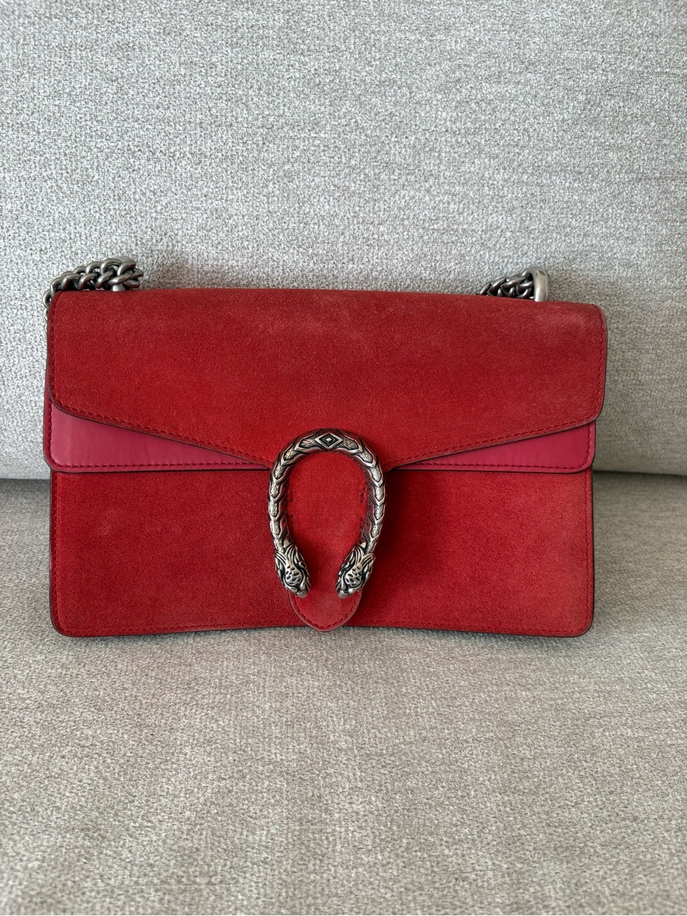 Gucci Red Suede Shoulder Bag with Silver Horsebit Accent